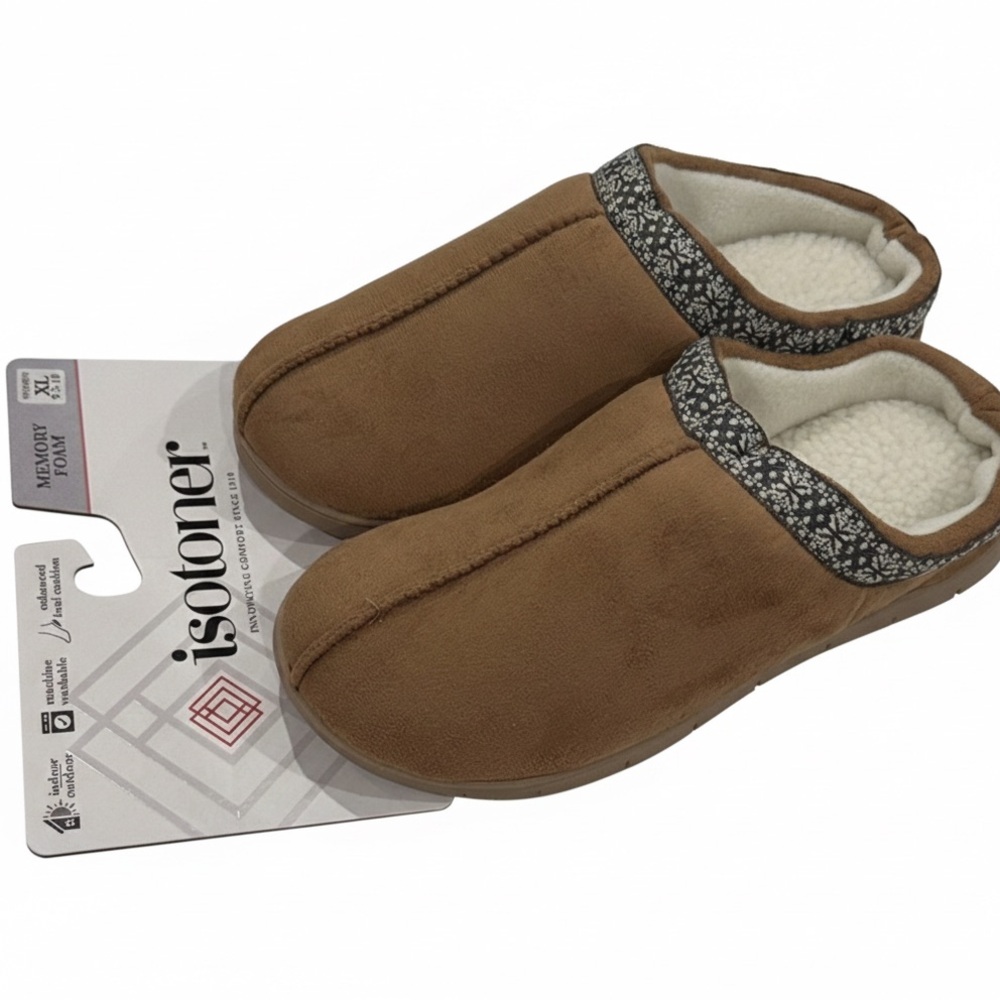 NWT-Isotoner Brown Slippers with Floral Trim